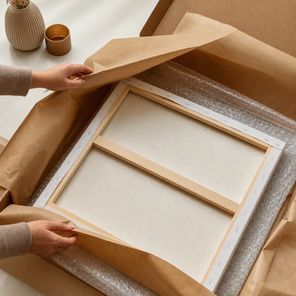 Back of a stretched canvas print being unboxed from protective packaging