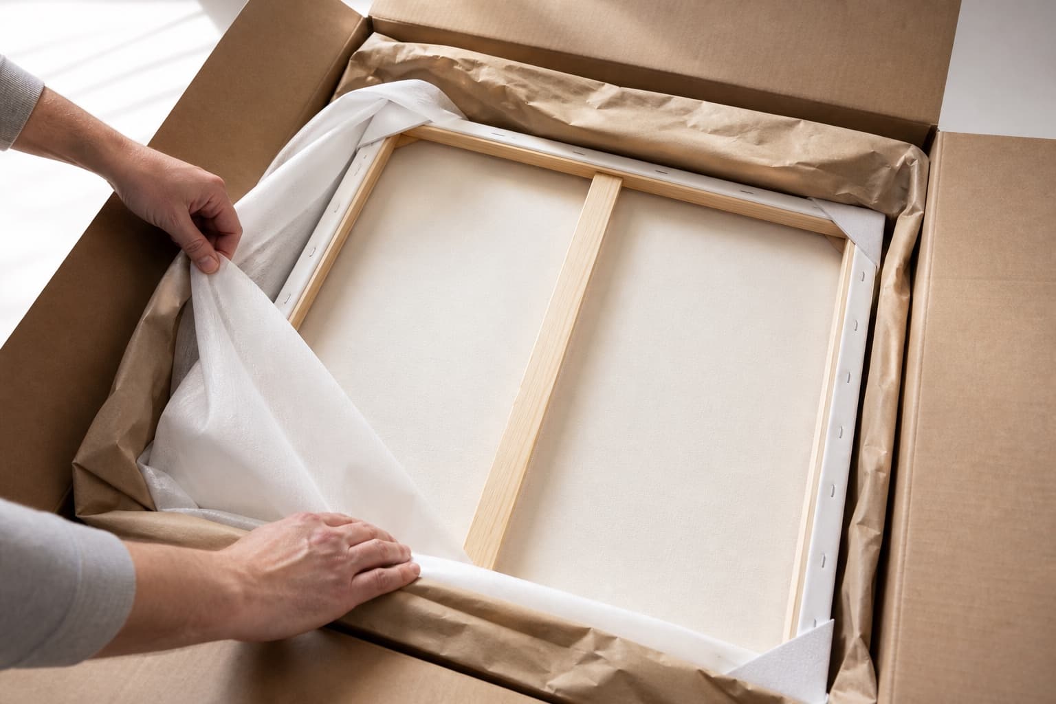 Stretched canvas print being unpacked from protective wrapping and corner guards