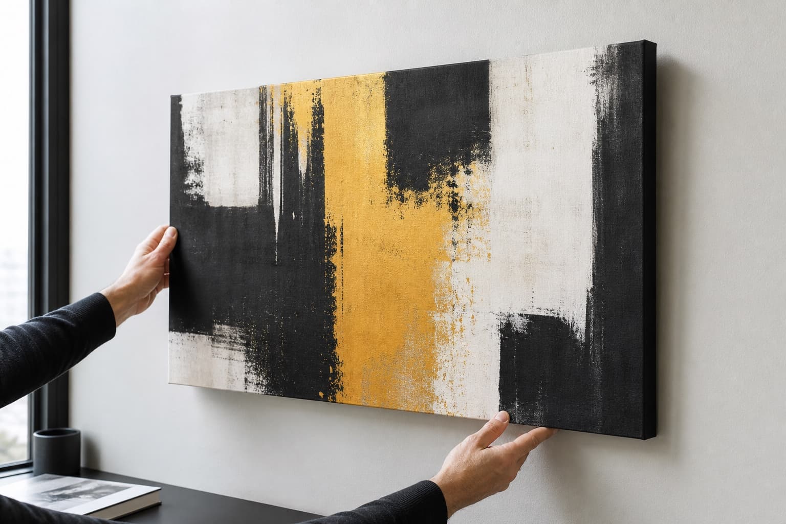 Finished gallery-wrapped canvas being positioned on a wall